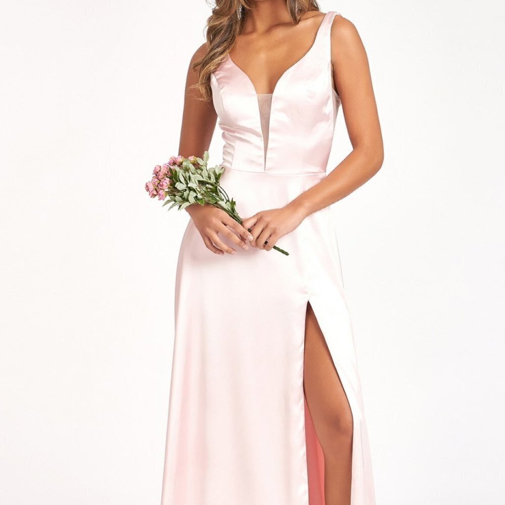 BLUSH PROM PARTY EVENING  SATIN V- NECK LEG SLIT A-LINE FORMAL DRESS GL1992